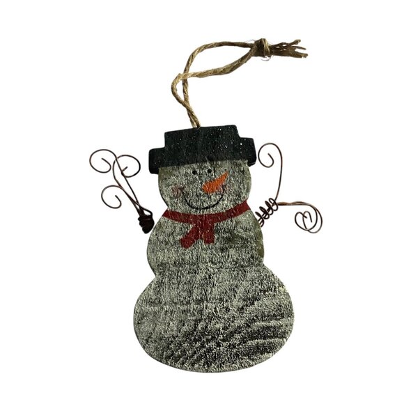 Hand-Painted Rustic Wooden Snowman Ornament Twine Hanger Wire Arms Christmas 4" - Picture 1 of 3